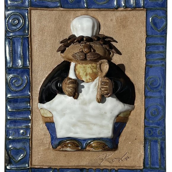 Other - Vintage Art Tile – Signed – Plump Chef Cook w/ Mustache, Spatula, Hat – NICE 3D